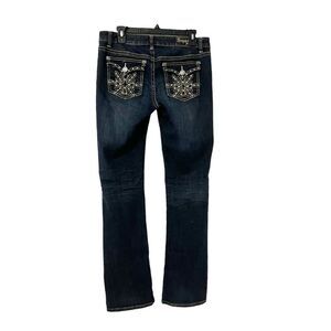 Request Jeans Dark Denim Flap Embellished Pockets Boot Cut Distressed Size 13/32